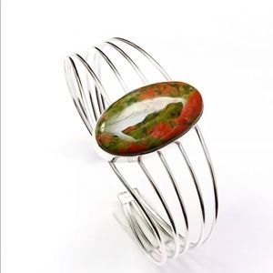 Unakite Gem Silver Plated Cuff Bracelet Adjustable